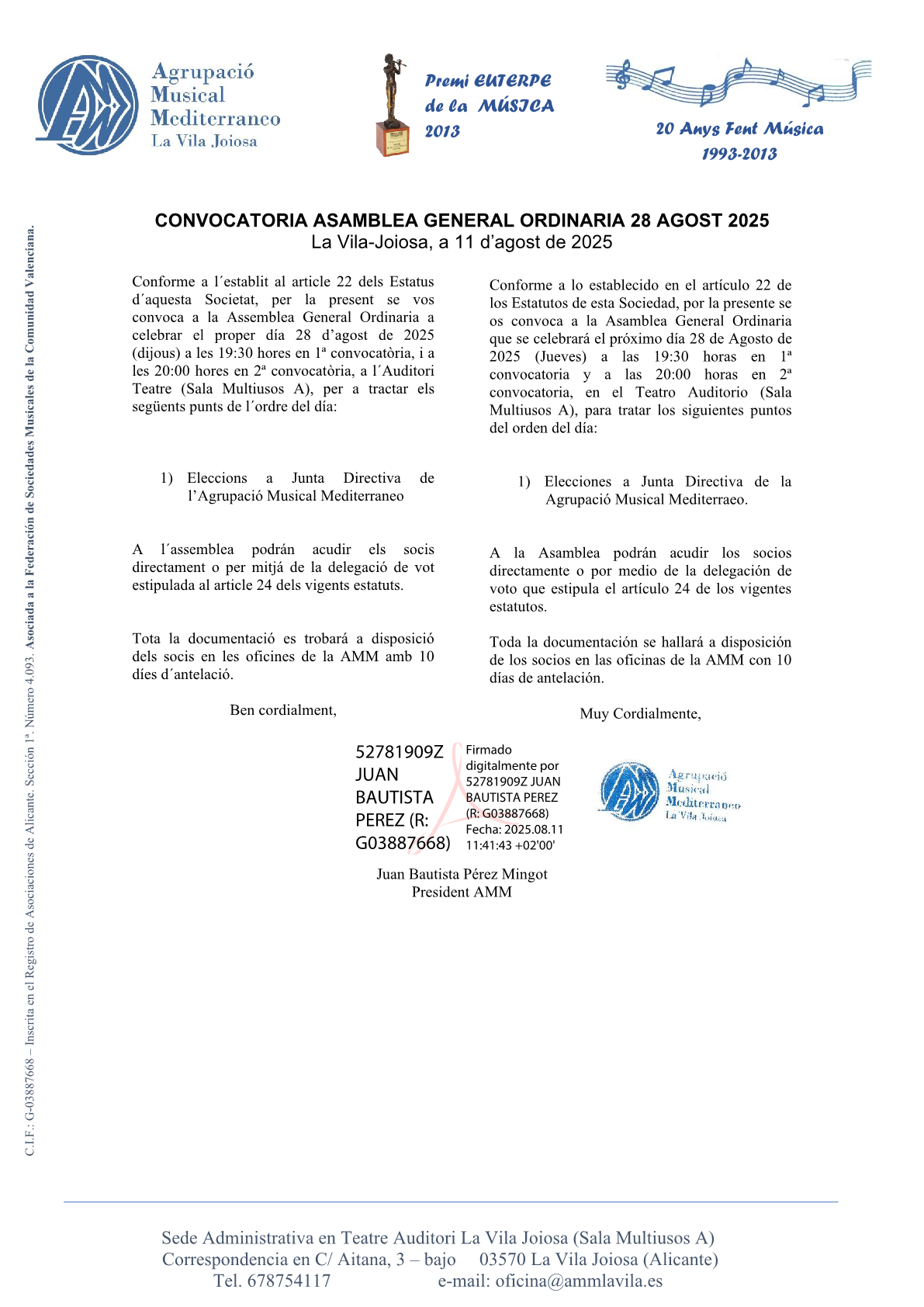 Convocatòria Assemblea General Ordinaria 28 d'agost de 2025